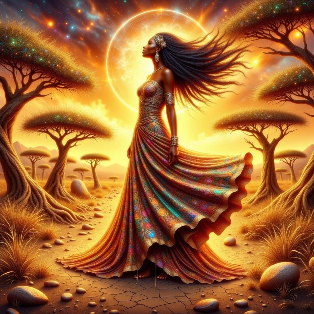 Mystical Dry Season Zodiac Goddess in Golden Savannah