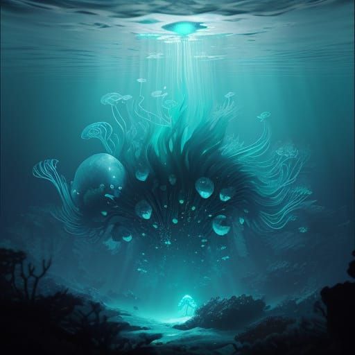 Bioluminescent Jellyfish in Mystical Deep Sea Trench