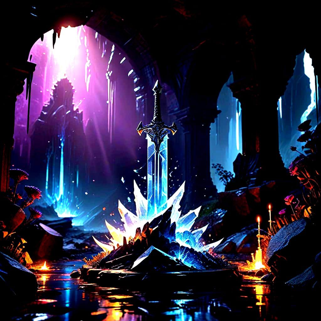 Surreal Ice Sword in a Dimly Lit Cave