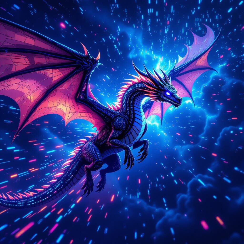 Binary Code Dragon Soars Through Data Nebula