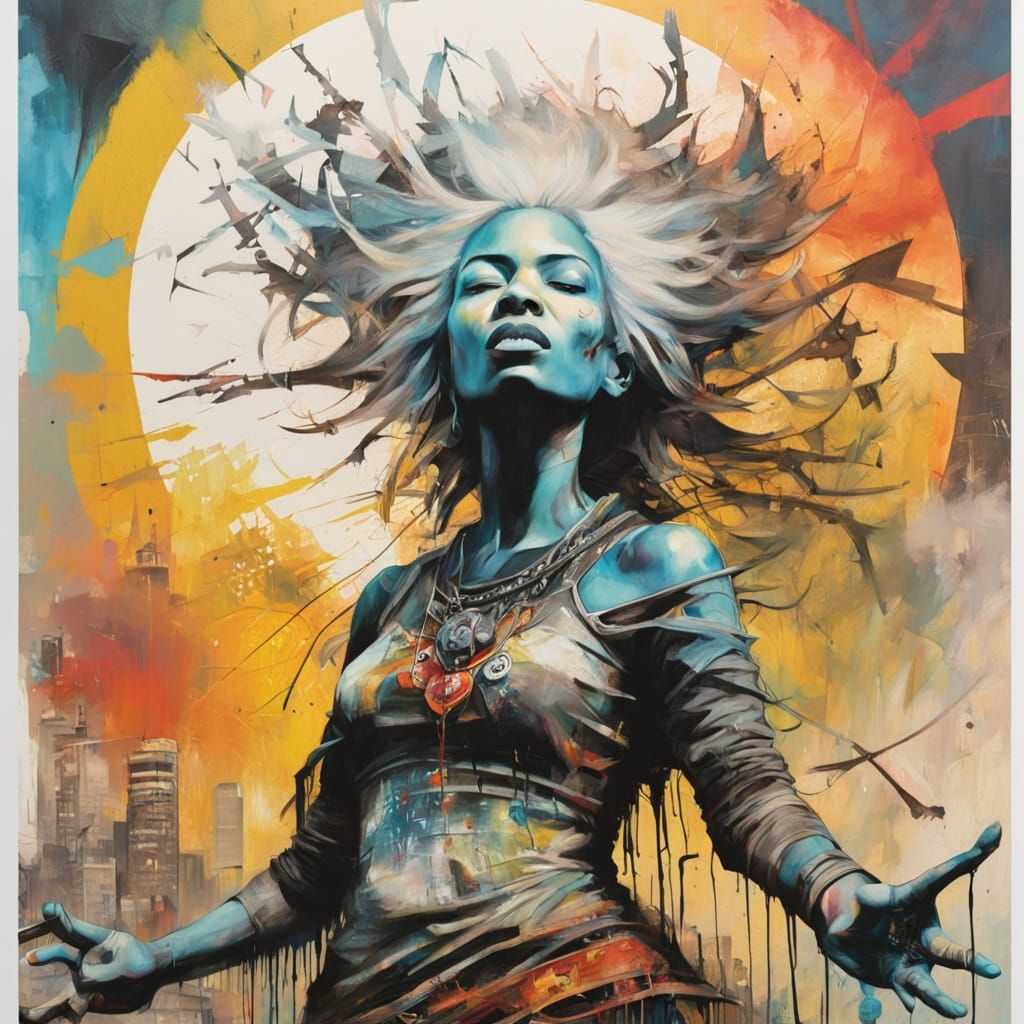 Urban Sunset Goddess in Vibrant Graffiti Style