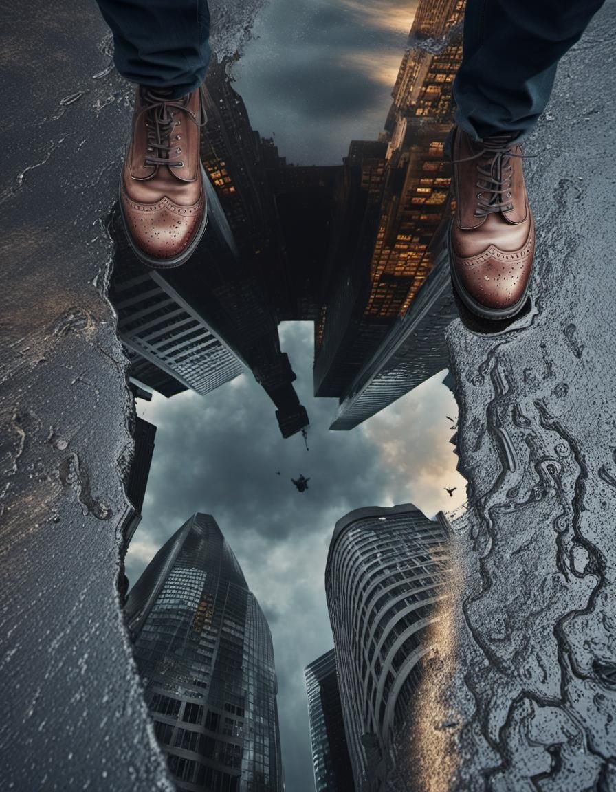 Puddle Reflecting City Buildings: Hyperrealistic Digital Pai...