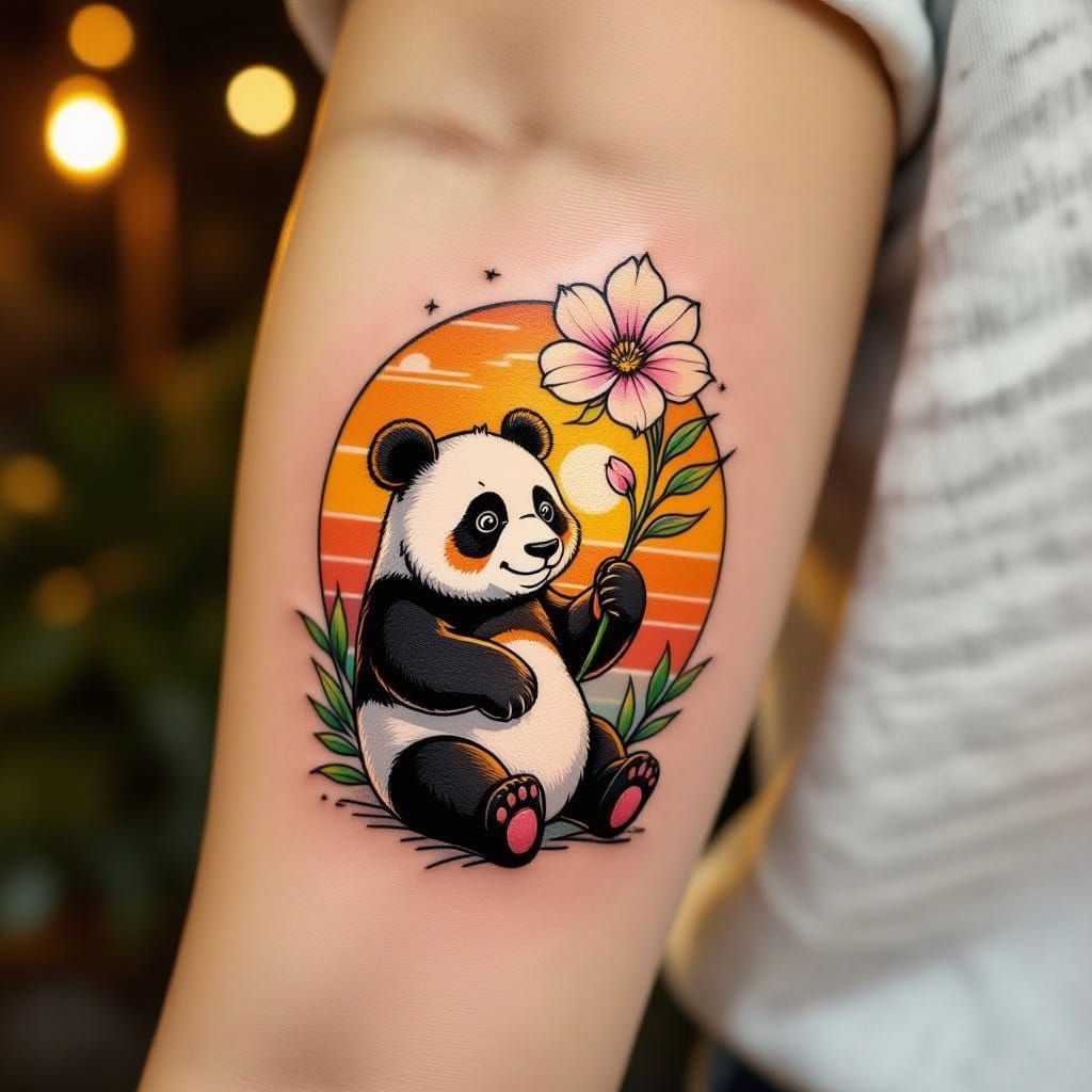 Realistic Arm Tattoo: Playful Panda & Flower Art
