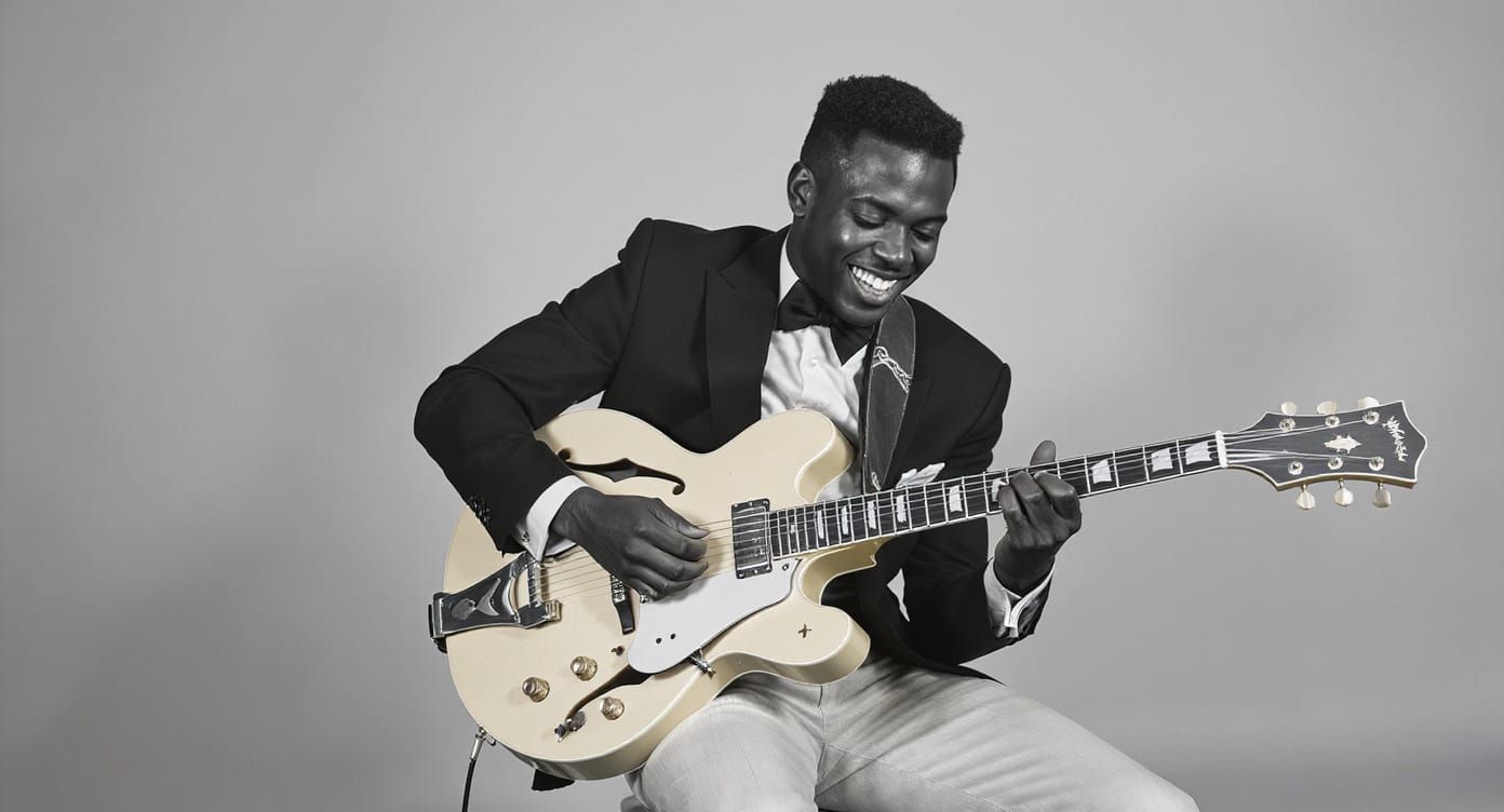 Dynamic Portrait of Musician with Archtop Guitar