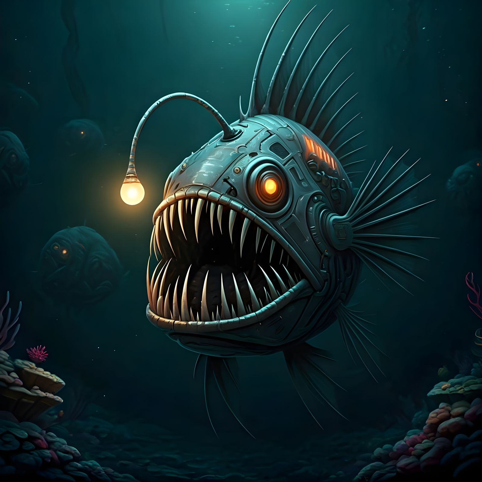 Cybernetic Anglerfish in Dystopian Deep Sea