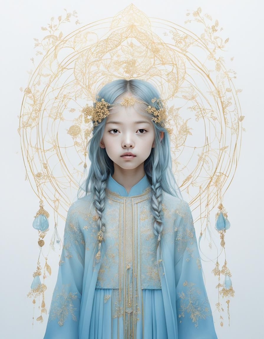 Ethereal Girl with Azure Aura: Minimalist Art