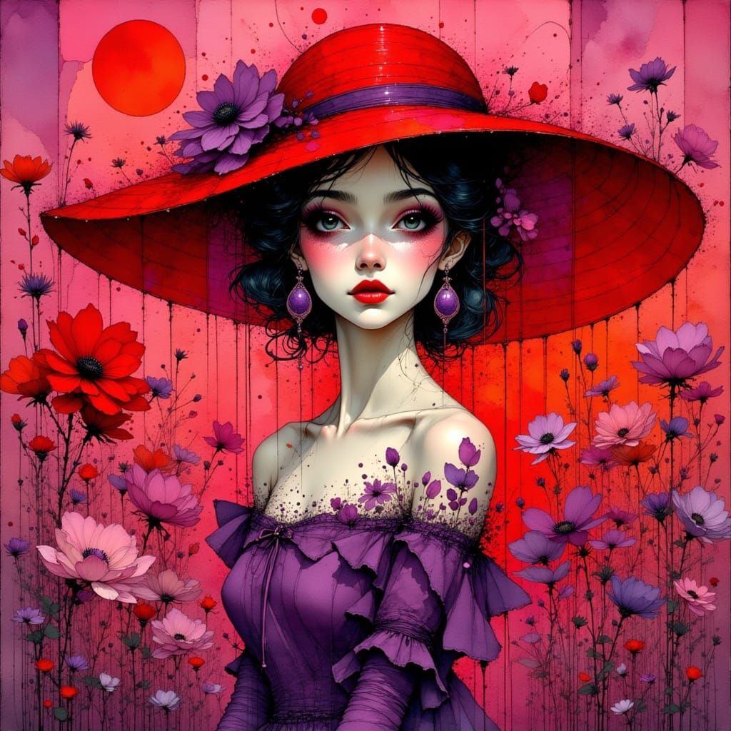 Elegant Woman in Red Hat and Purple Dress