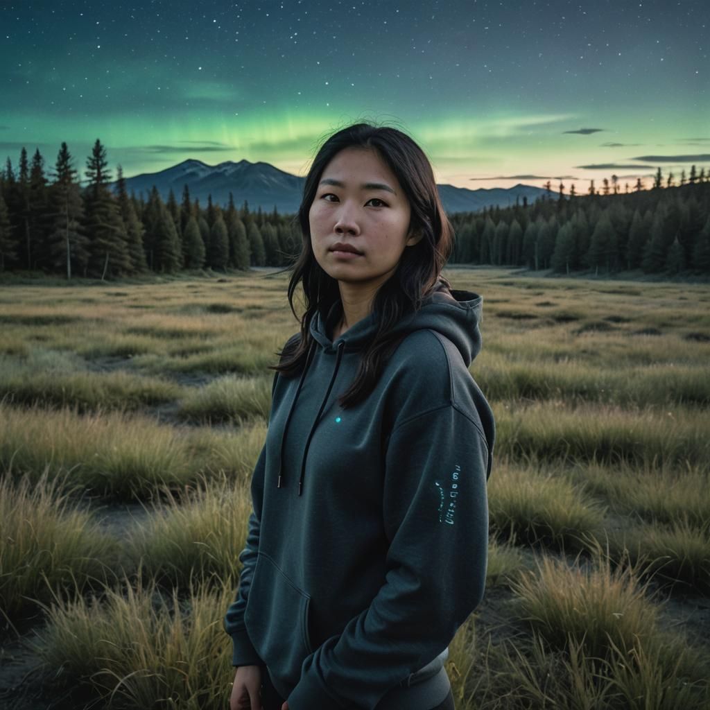 Girl in Hoodie Under Aurora Borealis at Blue Hour
