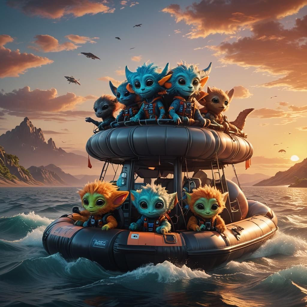 Furry Aliens in Lifeboat at Sunset: Hyperrealistic Art
