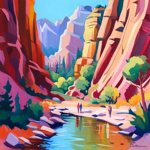 Desert River Scene in Gouache Impressionist Style