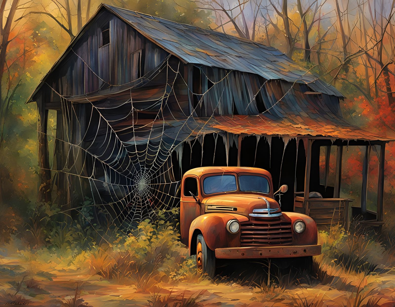 Dystopian Shack with Spiderwebs in Watercolor Style