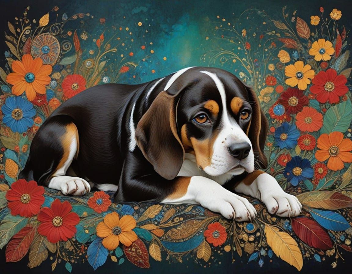 Brown and Black Beagle in Whimsical, Ornate Scene with Gusta...