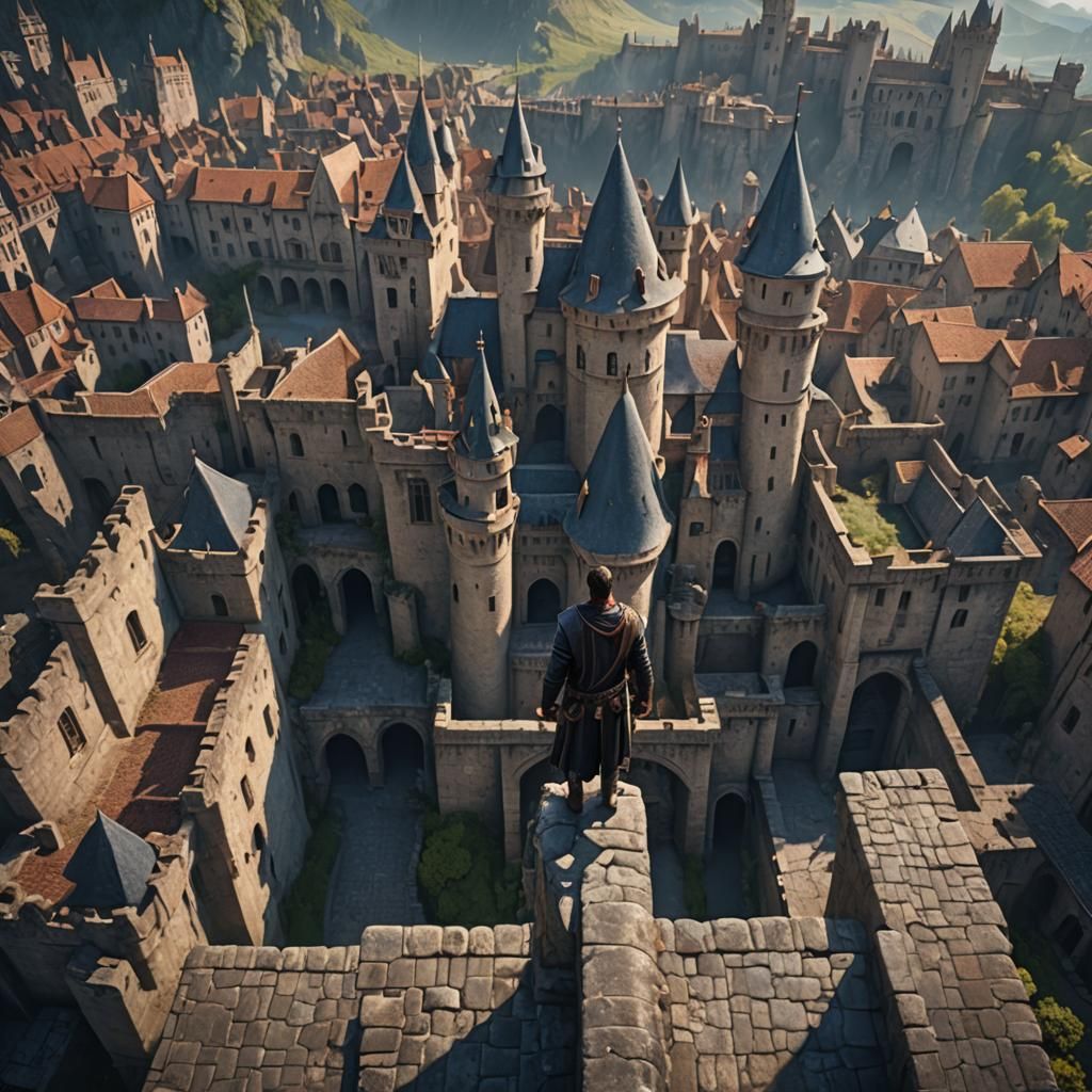 Lone Man Overlooking Castle Courtyards