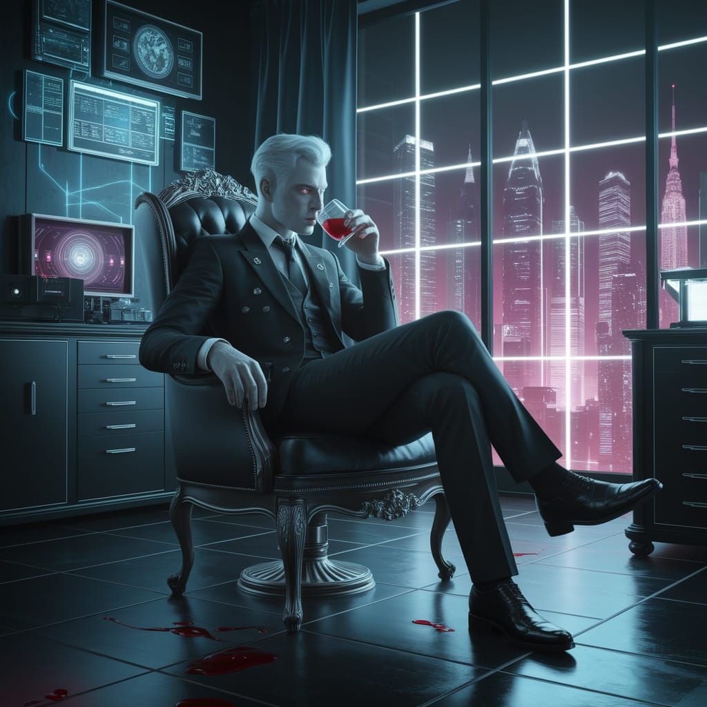 A modern vampire in a dimly lit, high-tech urban loft.