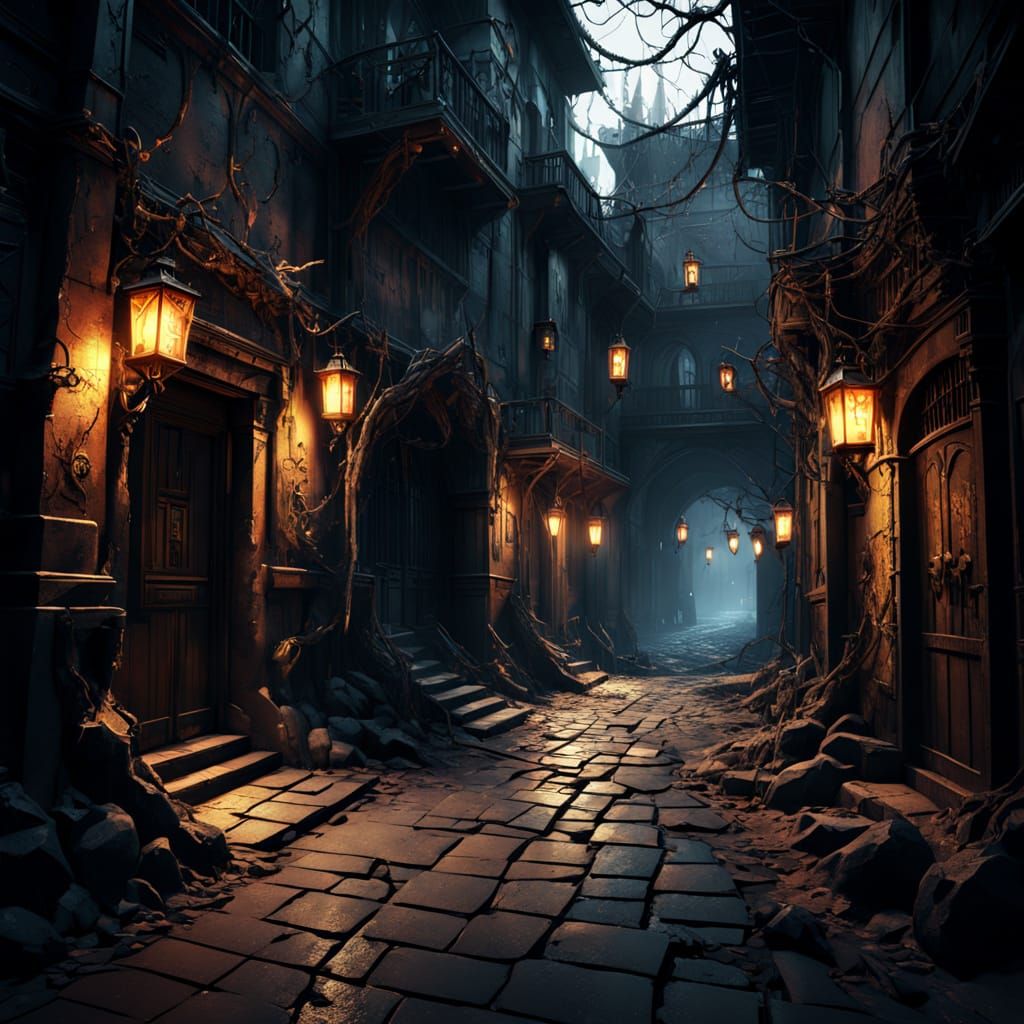 Ethereal Arkham Alleyway Scene in Vibrant Fantasy Style