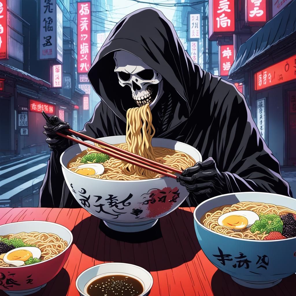 Grim Reaper Eating Ramen in Shibuya: Anime Style