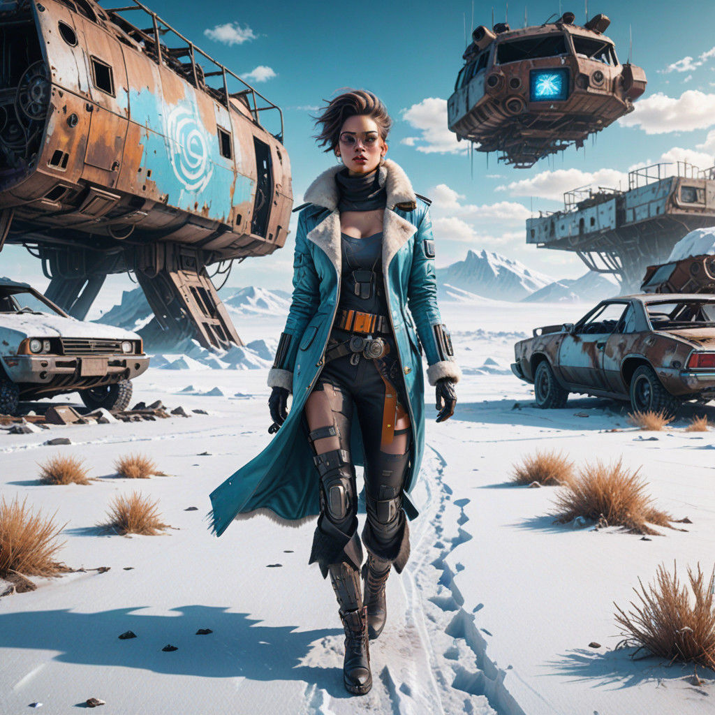 Cyberpunk Goddess Walks an Abandoned Post-apocalyptic Wastel...