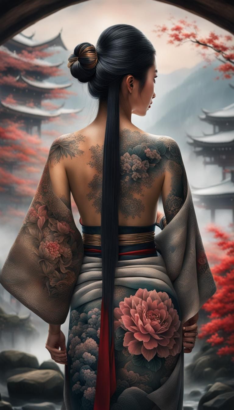 Asian Samurai Woman with Tattoos in Onsen
