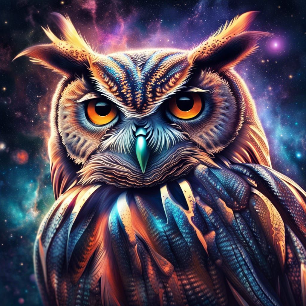 Cosmic Owl Soaring Through Space: Holographic Illustration