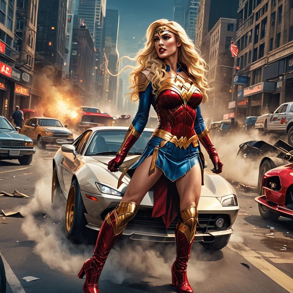 Glamorous Wonder Woman on Sports Car: Comic Book Art