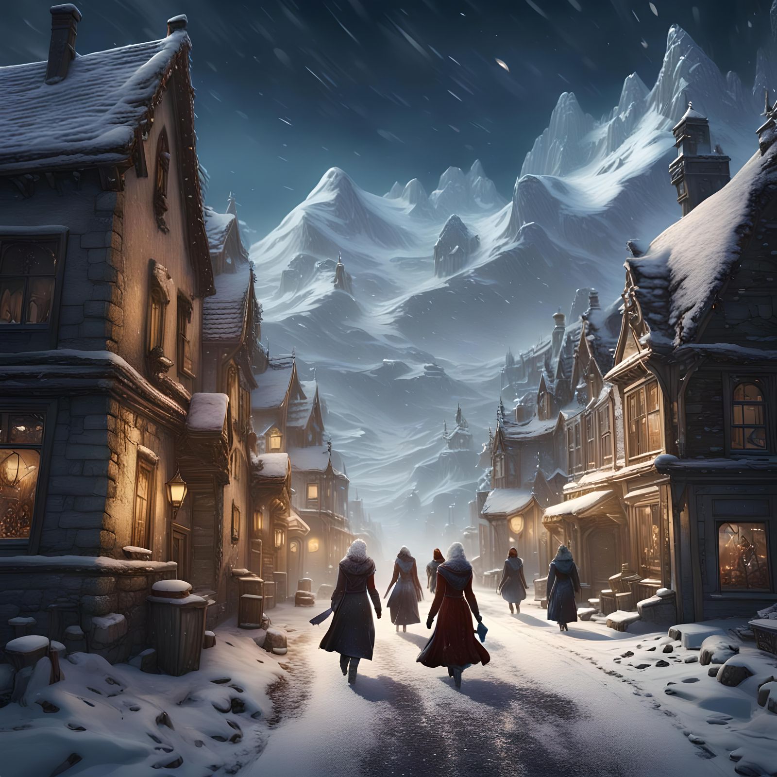 Women Strolling on Snowy Street: Fantasy Concept Art