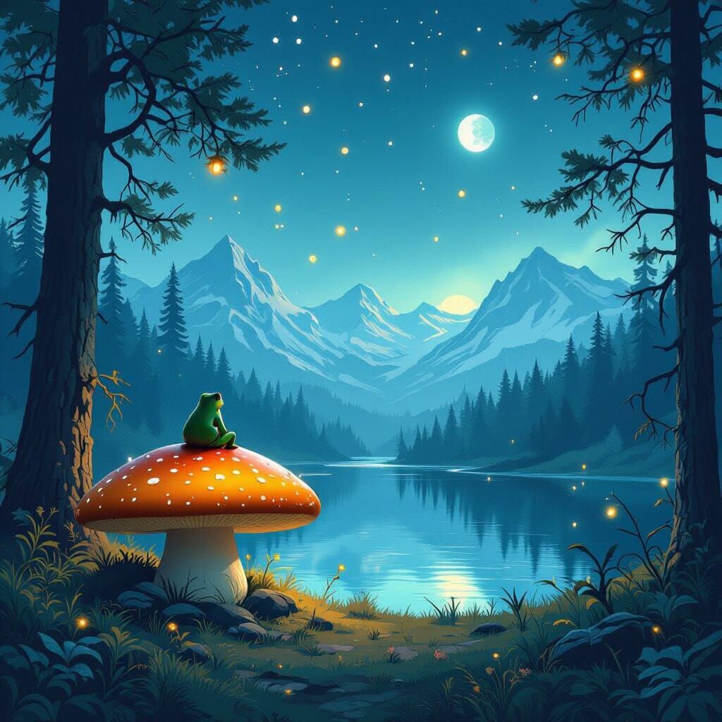 Enchanted Forest Scene with Frog on Mushroom