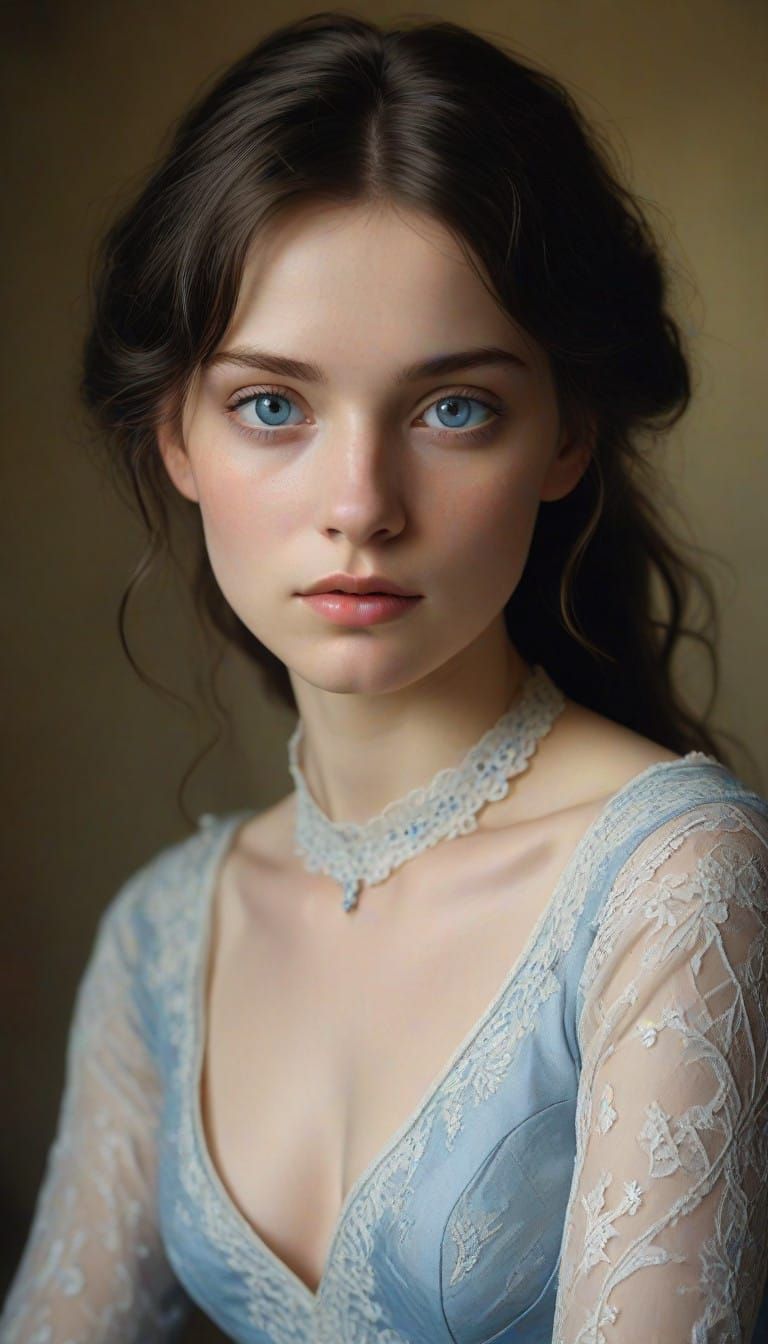 Ethereal Blue-Eyed Beauty in a Muted Pre-Raphaelite Setting