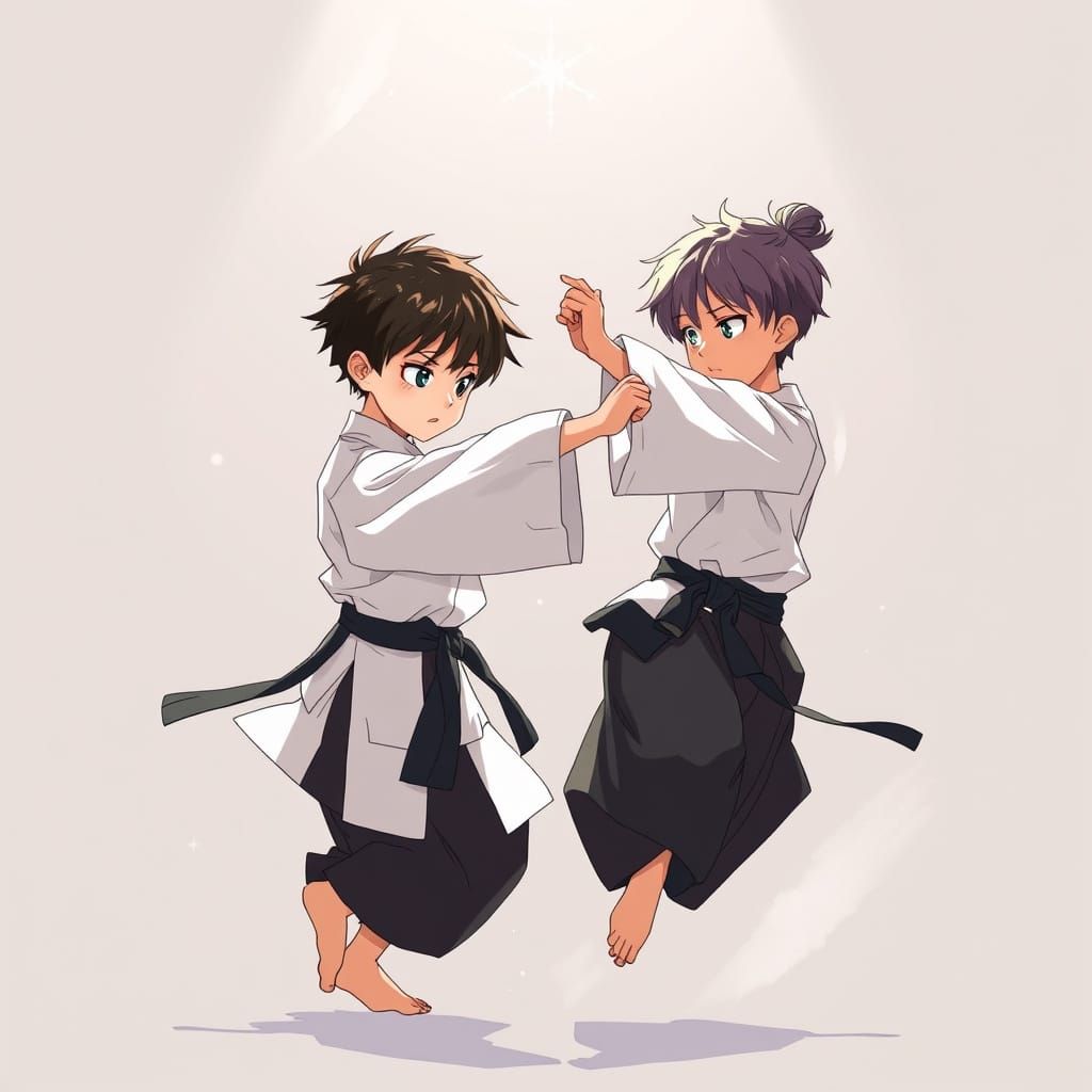 Dynamic Aïkido Scene with Young Practitioners in Anime Style