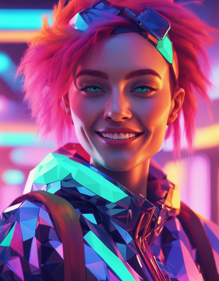 Vibrant Woman in Low-Poly Retro-Futuristic Pixel Art