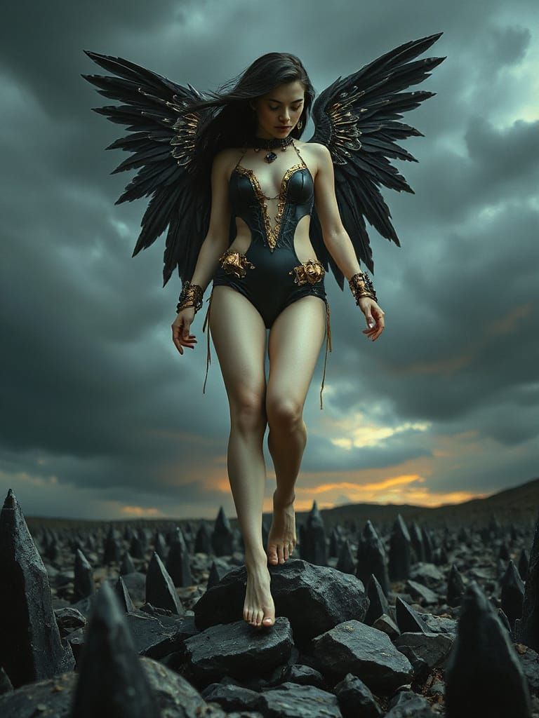 Mystical Dark Goddess in Cyberpunk Attire, Oil Painting