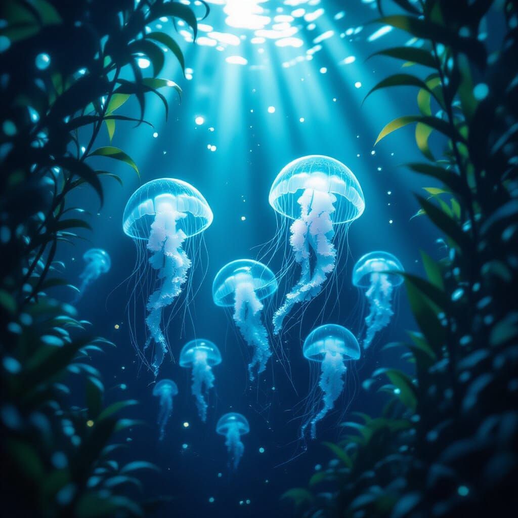 Bioluminescent Jellyfish in Kelp Forest