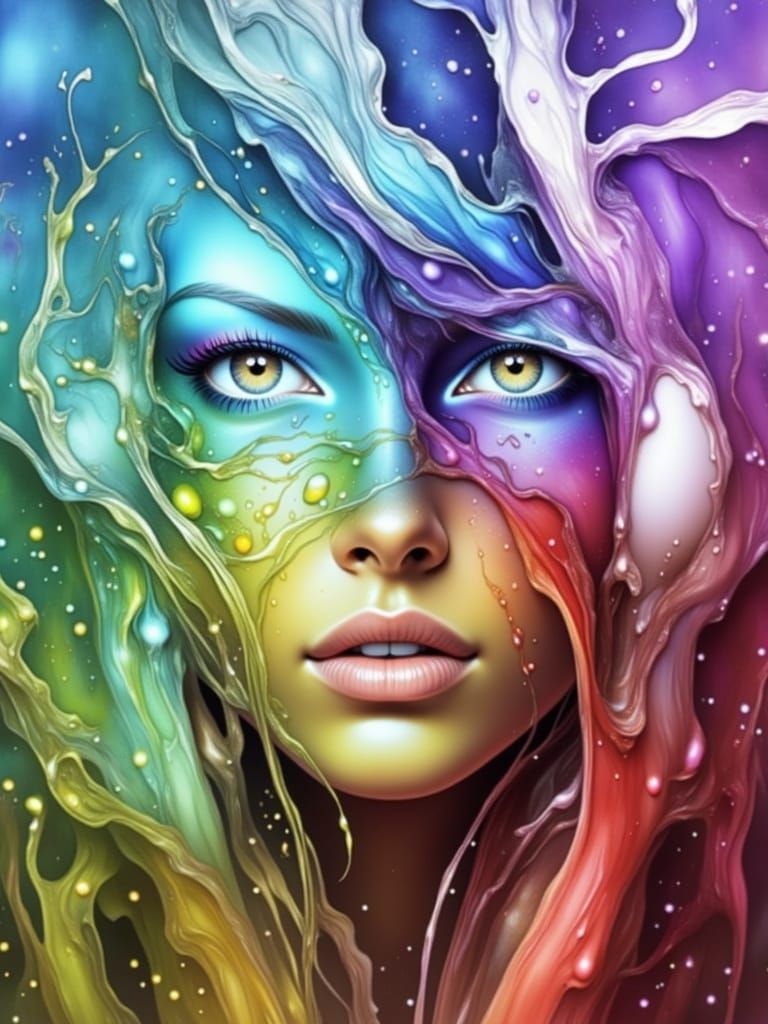 Beautiful Face with Rainbow Ink Splatter