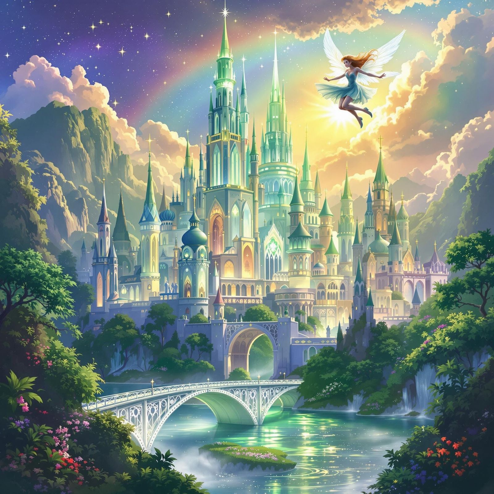 Whimsical Emerald City Dreamscape in Vibrant Emerald Green