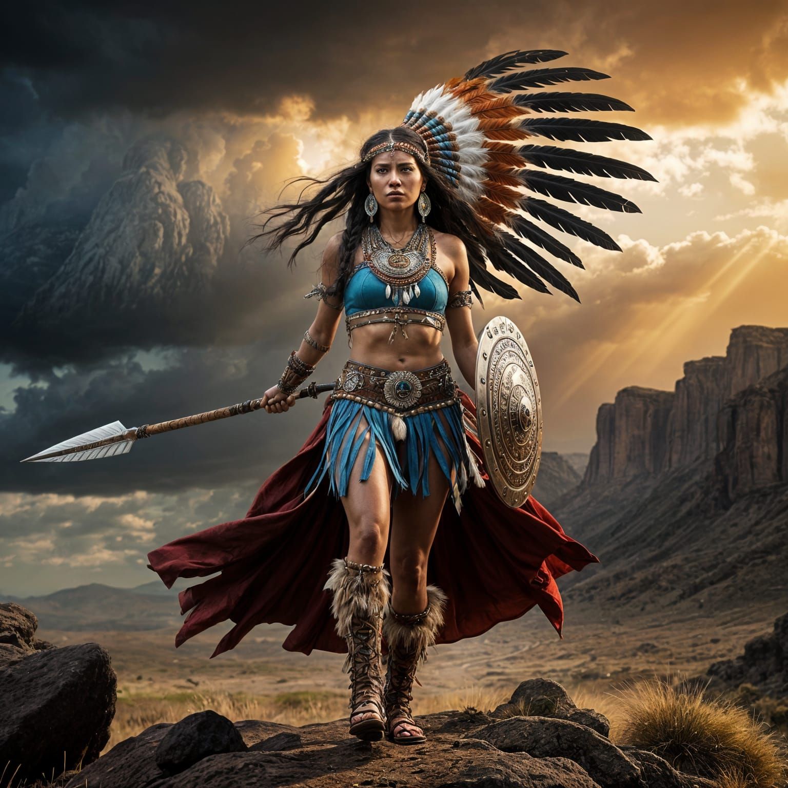 Native American Warrior Woman in Epic Stormy Landscape