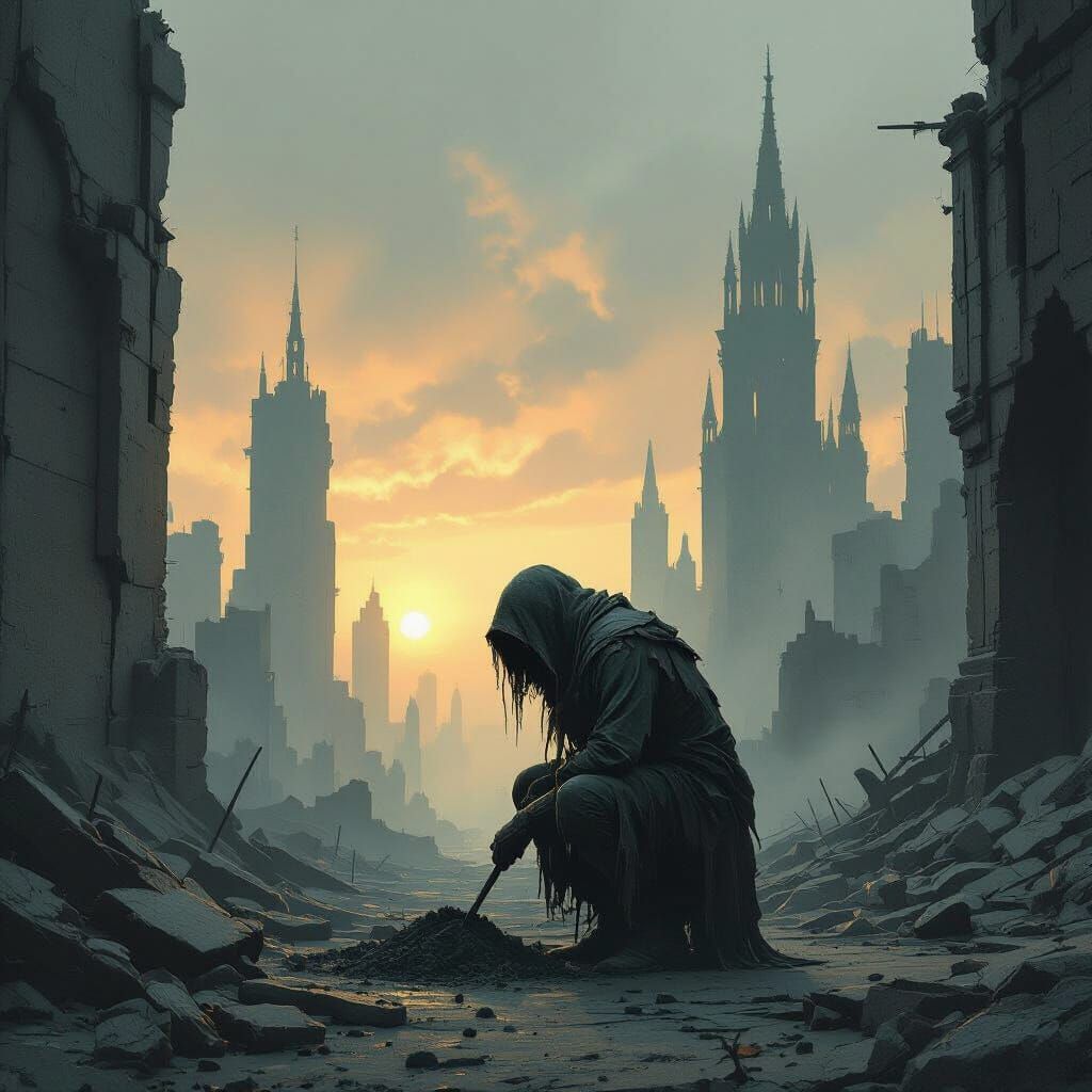 Scavenger in Ruined City Under Twilight Sky - Dark Fantasy A...
