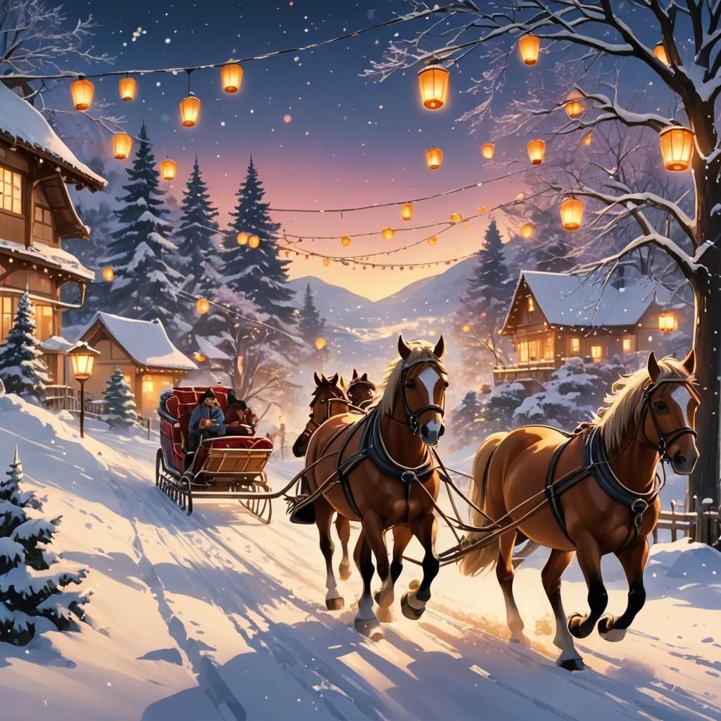 Festive Horse Sleigh Ride in Anime Style