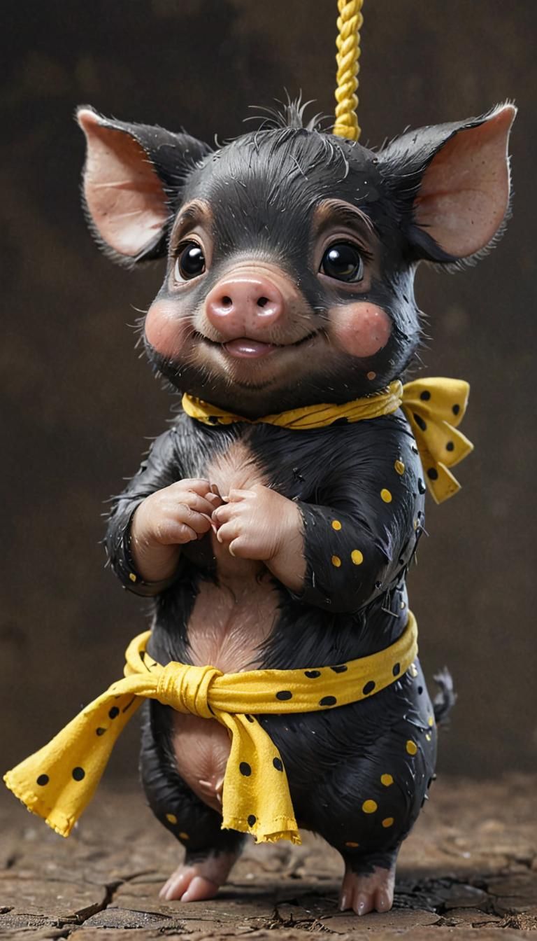 P-chan Chibi kawaii anime Small black pig with a yellow rag ...