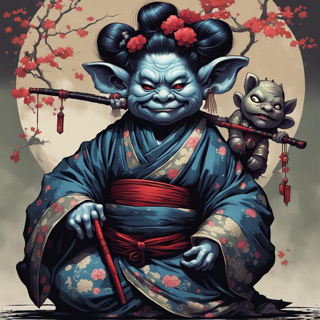 Hyperrealistic Cute Troll as Dark Geisha