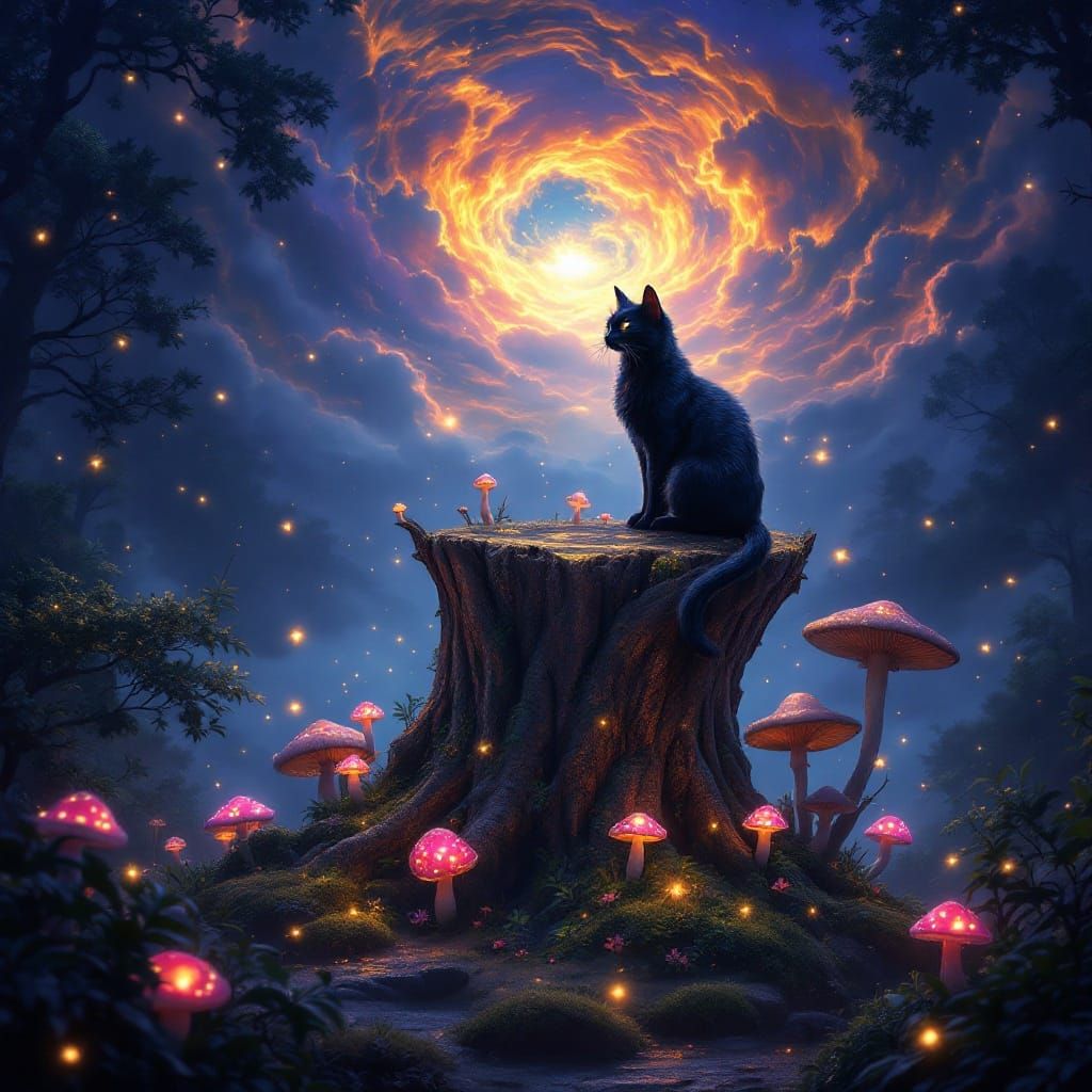 Mystical Black Cat in Enchanted Forest