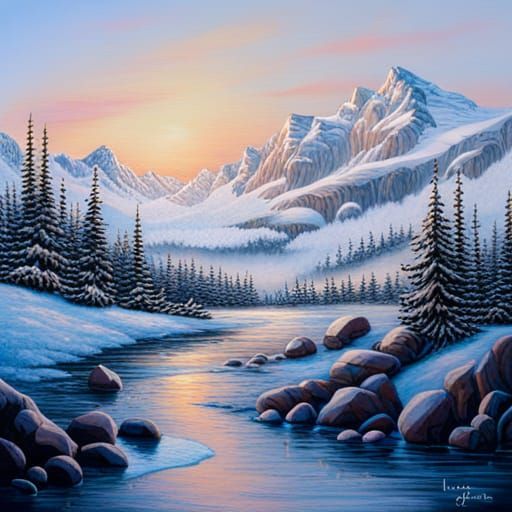 Icy landscape, sunrise, Jean LeGassick style (3)