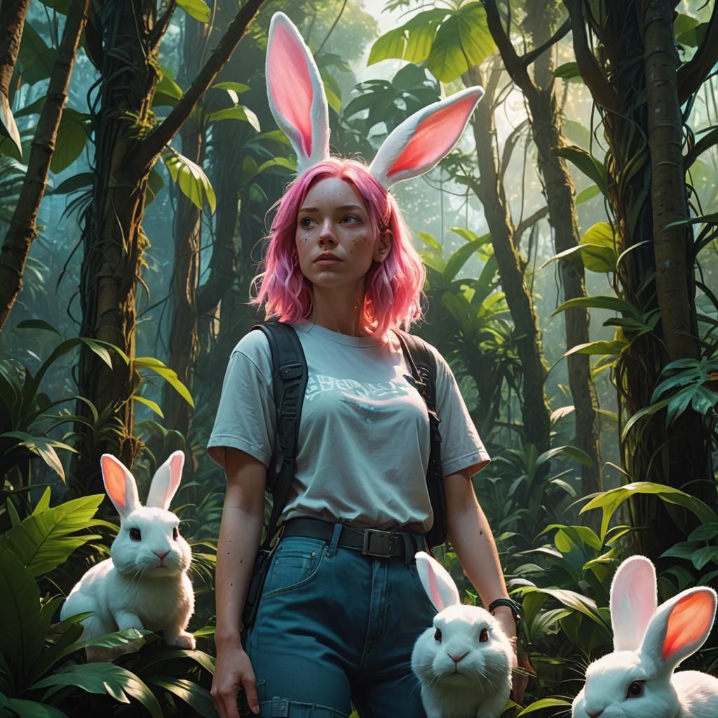 Girl with Bunny Ears in Lush Jungle, Fantasy Art