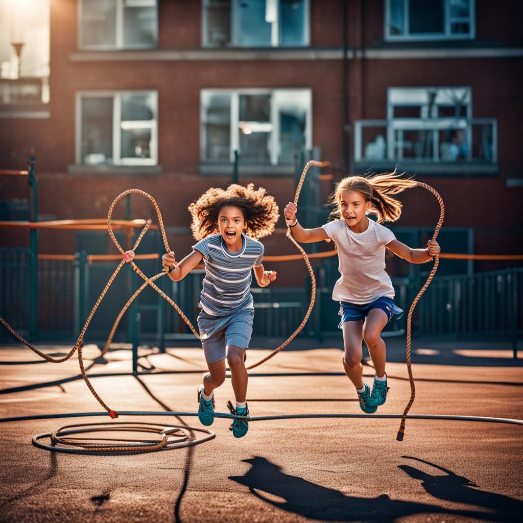 Girls Playing Jump Rope in Hyperrealistic Style