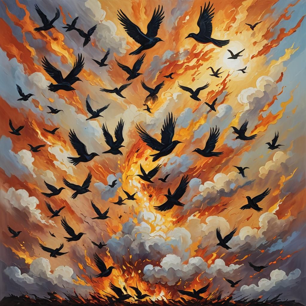 Fiery Sky with Birds as Expressionist Impasto Painting