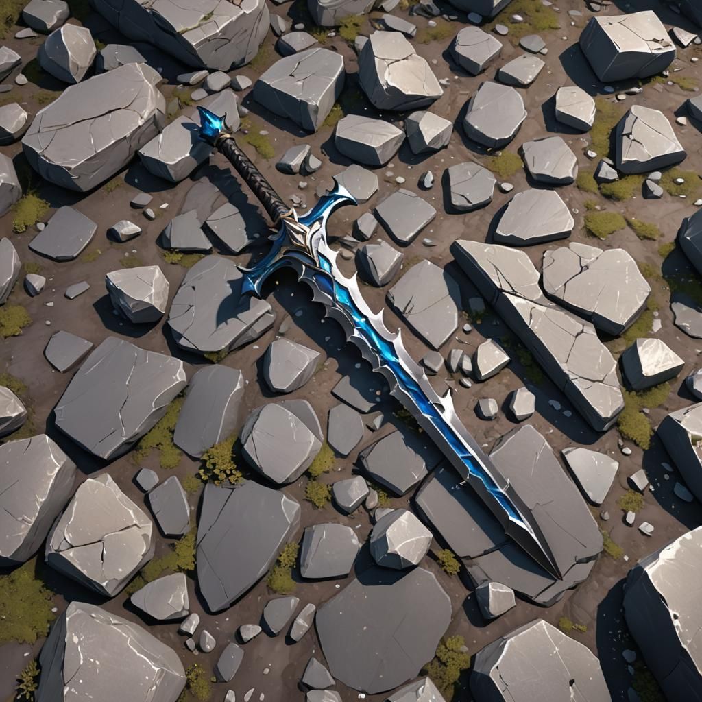 Shattered Sword on Rocks in 3D Anime Art Style