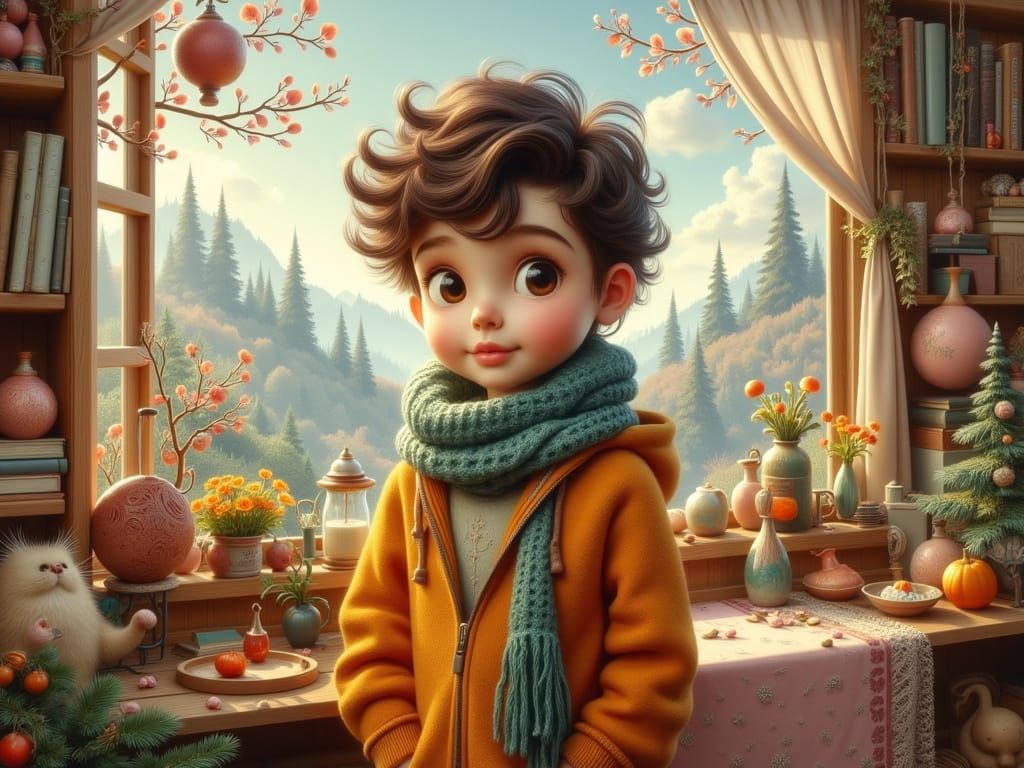 Cozy Nordic Boy Inspired by Mucha and Hockney