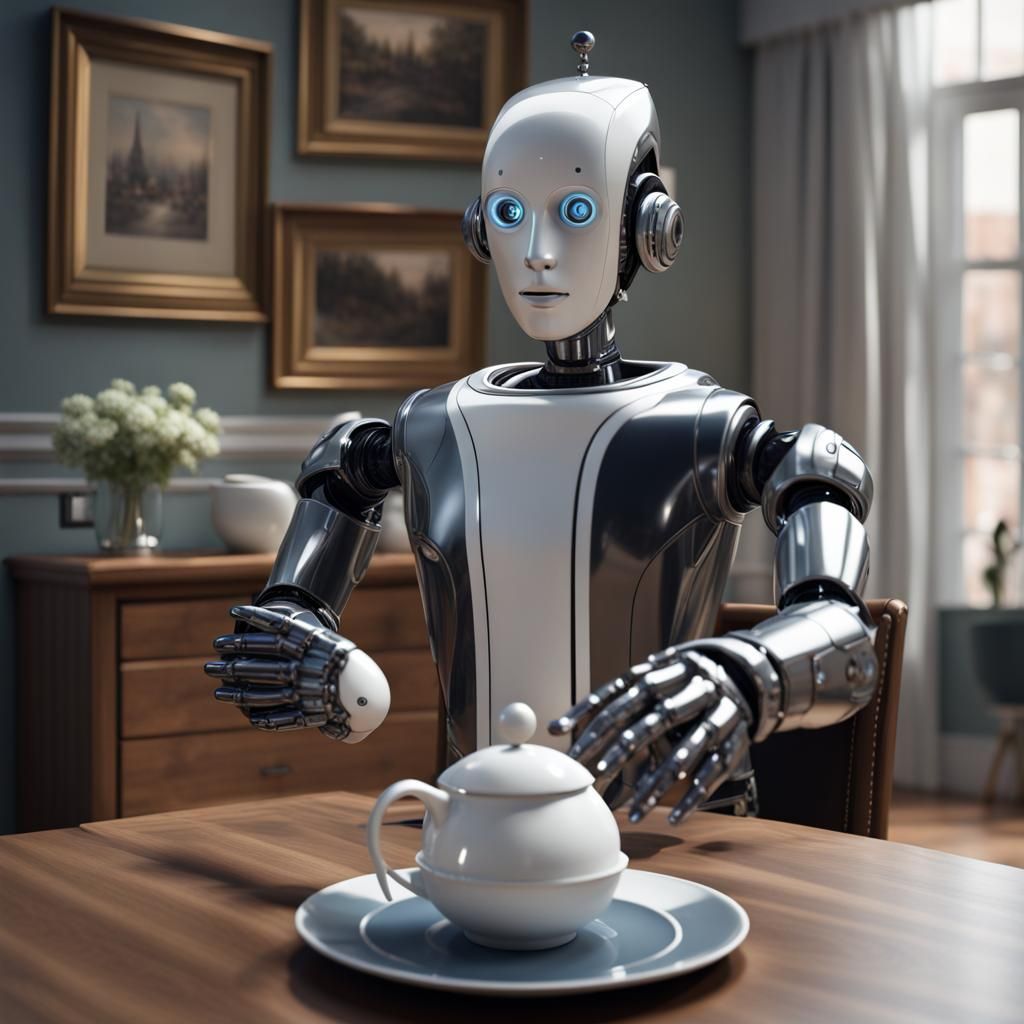 Hyperrealistic Robot Butler Serving Tea
