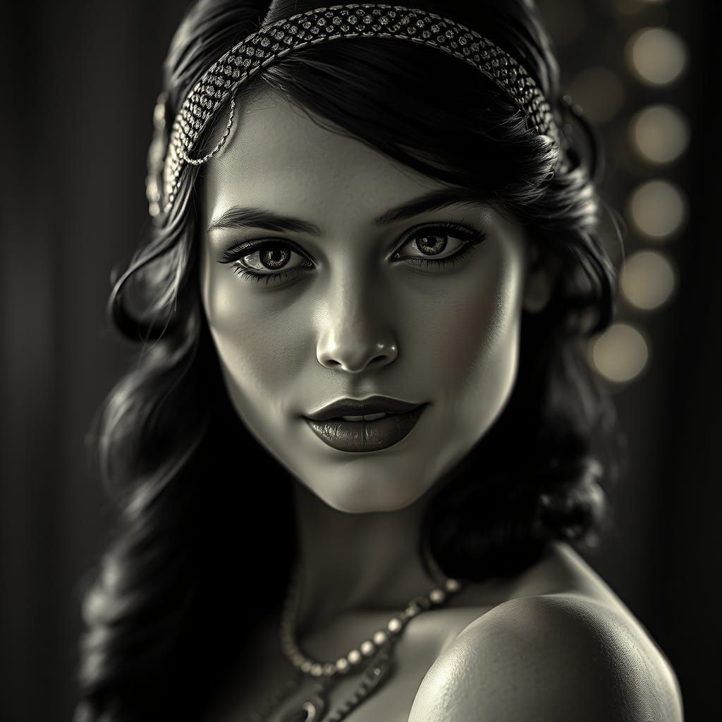 Vintage Flapper Girl Portrait in Art Nouveau Style