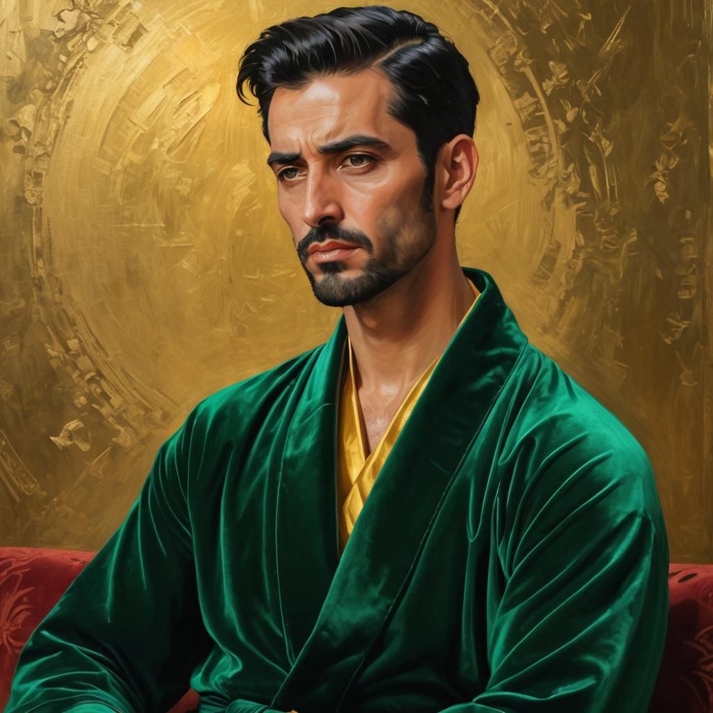 Arab Man in Emerald Velvet Bathrobe, Impressionist Oil Paint...