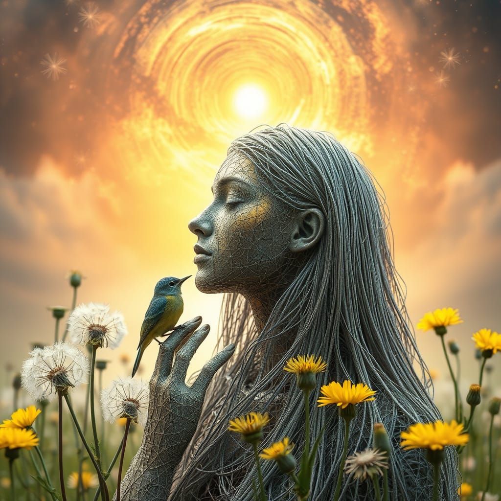 String Woman Kissing Bird: Bio-Art Portrait