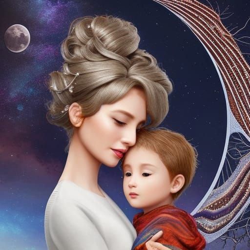 White-Haired Mother in Rain, Hyperdetailed Digital Art